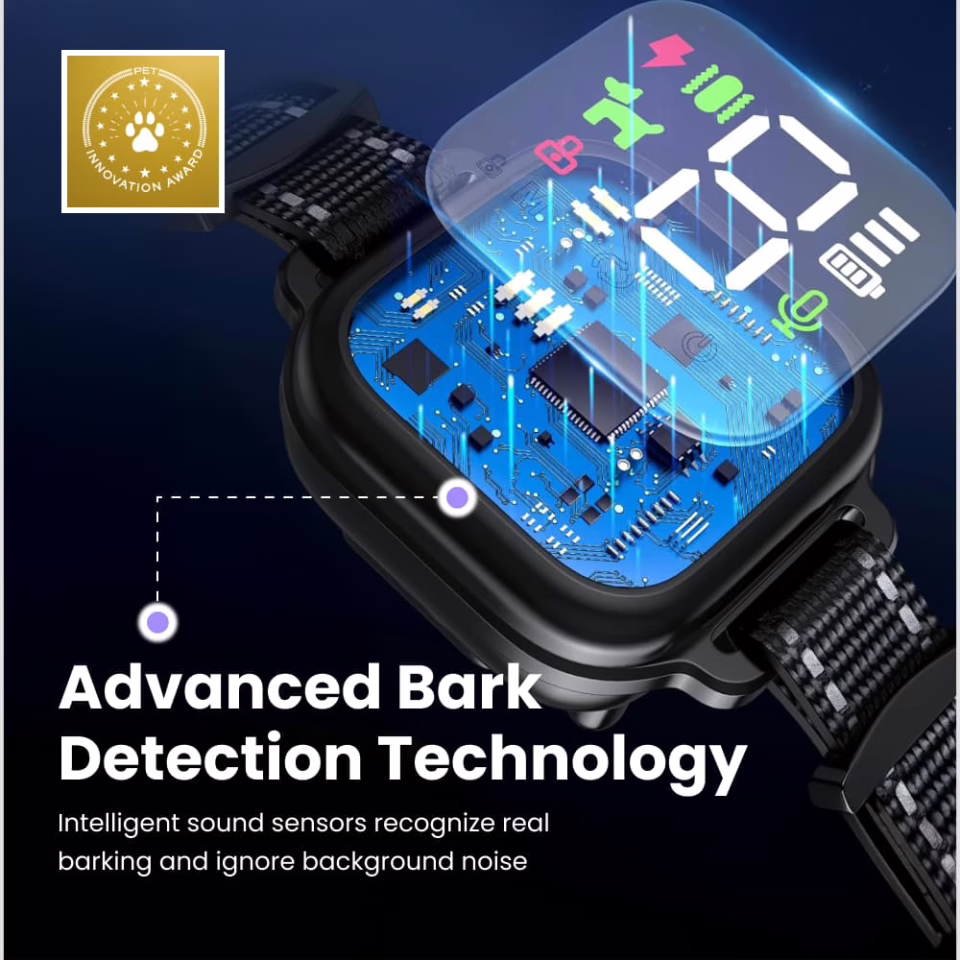 NooBark fortschrittliche Bellerkennungs-Technologie, Nahaufnahme von Sensor und Display am Halsband